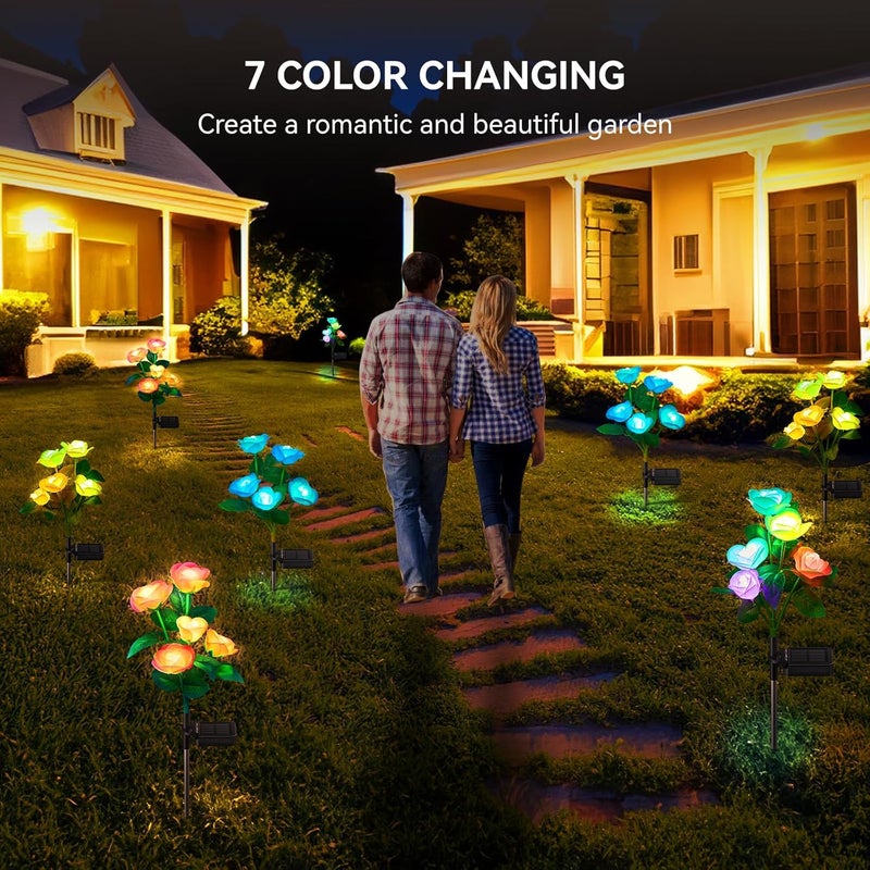 WdtPro Solar Garden Lights Outdoor, 4 Pack Solar Light Outdoor with 20 Rose Flowers, Waterproof 7 Color Changing Solar Powered Flowers Lights for Outside Patio Yard Pathway - Image 5
